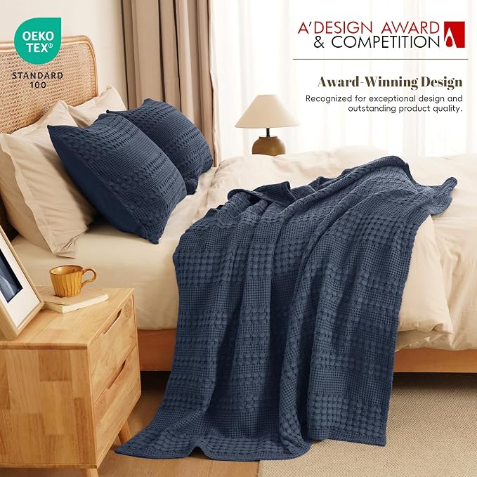 PHF 100% Cotton Waffle Weave Throw Blanket, Lightweight Breathable Summer Blanket for Couch Sofa, Pre-Washed Soft Throws for Bed, Office, Travel & Stylish Home Decor, 50"x60", Indigo