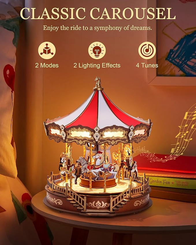 Rowood 3D Puzzles for Adults,Wooden Carousel Music Box for Adults,DIY Christmas Collectible Building Model Kit - Classic Carousel