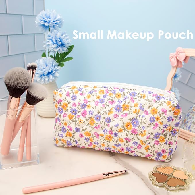 PAZIMIIK Small Quilted Makeup Bag,Zipper Cosmetic Pouch,Ditsy Floral,2 Pack | Lightweight Cosmetic Bag Organizer for Women,Purse Storage Holds Makeup,Toiletries,Skincare,Beauty Essentials,Travel Items