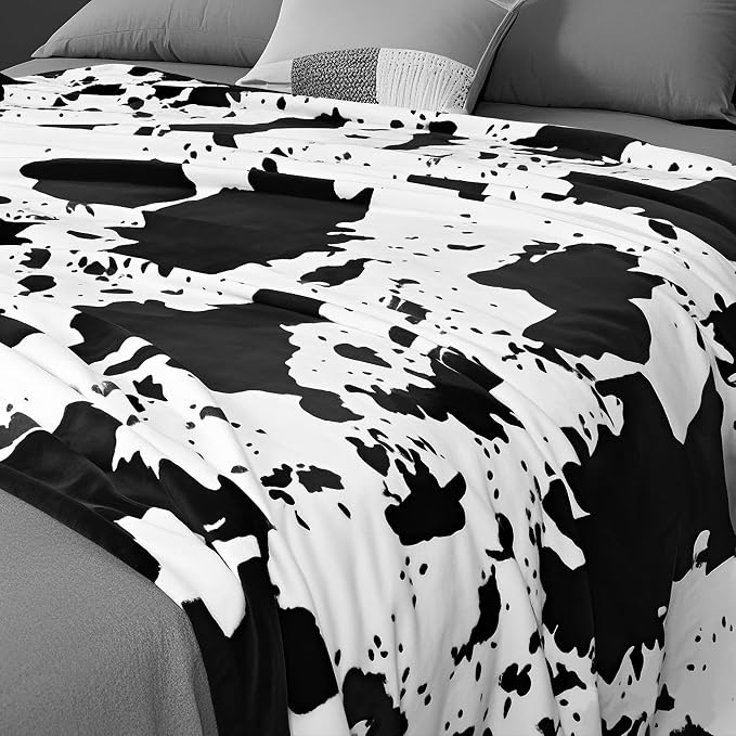 Edenleaf Cow Print Blanket, Ultra Soft Cozy Throw for Couch Bed and Travel, Cow Decor Throw Blankets for All Seasons 60"x80" (Black)