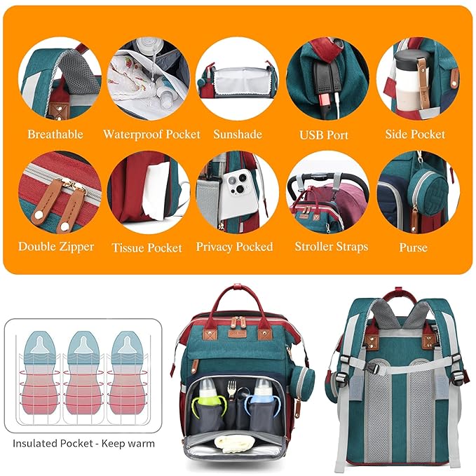 Astro alan Baby Diaper Bags with Changing Station, Waterproof Diaper Bag Backpack for Moms Dads with USB Charging Port, Baby Shower Gifts, Large Capacity diaper backpack, Red-Green-Blue