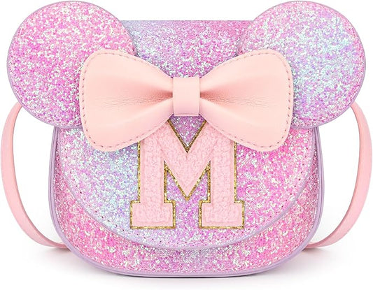 mibasies Toddler Purse Girl Gifts: Girls Birthday Gifts for 3-8 - Toys for Ages 2-4 Girls Mouse Ears Purse, Purple Rainbow, Letter M