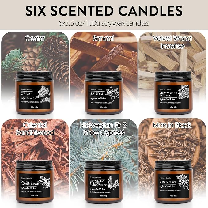 Candles for Men, 6 Pack Scented Candles for Home, Natural Aromatherapy Soy Candles Set, Long Burning Candles Gifts for Women Christmas Fathers Day, Husband, Him, Dad, Birthday