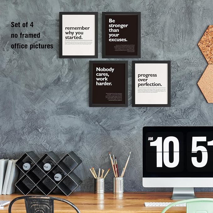 DSHFG Motivational Office Pictures Wall Decor Prints Set of 4 | Black Motivational Wall Art Office Decor Retro Posters Prints for Office Home Decor, 8x10 Unframed