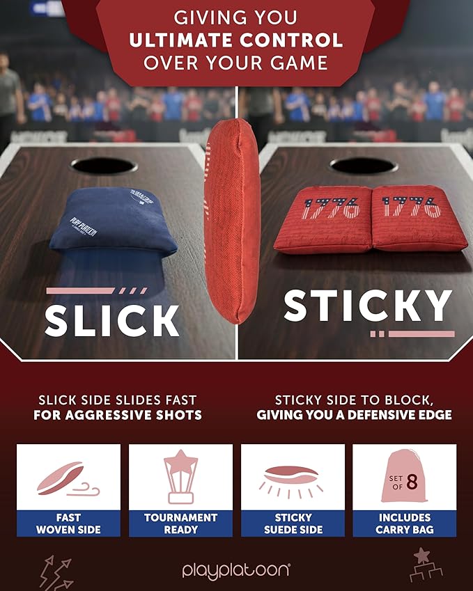 Play Platoon Pro Cornhole Bags Set of 8 - Professional Dual Sided Slick and Sticky Side Competition Corn Hole Bags - Tournament Series