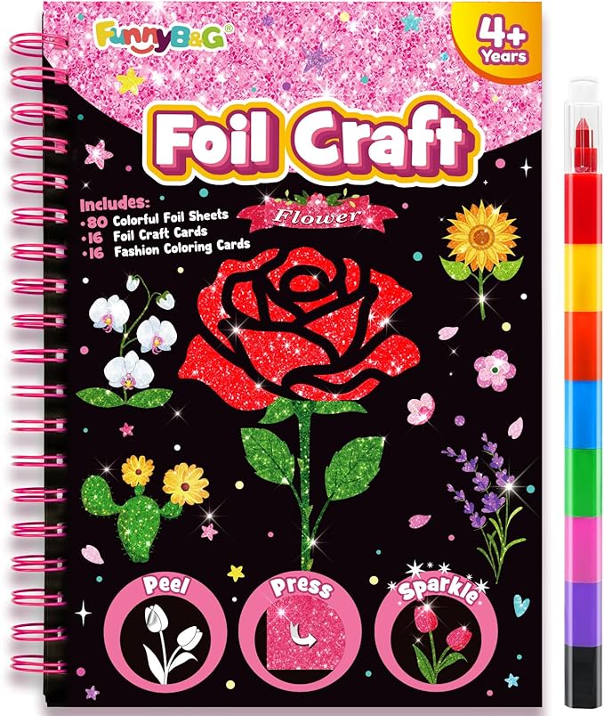 FUNNYB&G Foil Art Crafts for Kids Ages 4-8: Valentines Crafts for Kids 2026,Birthday Gift for Girls,Art and Crafts Supplies,Party Favors,Creative Toys for Girls Boys 4 5 6 7 8 9 Years Old (Flower)