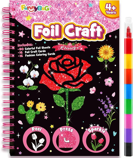 FUNNYB&G Foil Art Crafts for Kids Ages 4-8: Valentines Crafts for Kids 2026,Birthday Gift for Girls,Art and Crafts Supplies,Party Favors,Creative Toys for Girls Boys 4 5 6 7 8 9 Years Old (Flower)