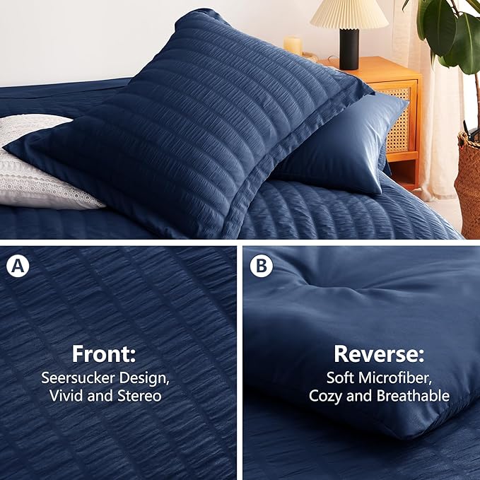 CozyLux Queen Comforter Set Navy Blue Seersucker 7 Pieces Bed in a Bag Queen Comforter Set with Sheets, Luxury Bedding Sets with Down Alternative Comforter, Sheets, Pillowcases & Shams for All Season
