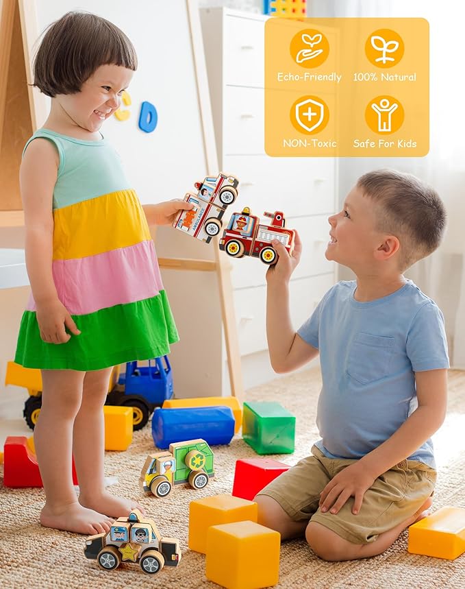 SainSmart Jr. Emergency Vehicle Toys Snap & Take-Apart, Wooden Car Toys for Toddlers, Including Play Police Car, Fire Truck, Garbage Truck, Ambulance - Montessori Gifts for Preschool Children