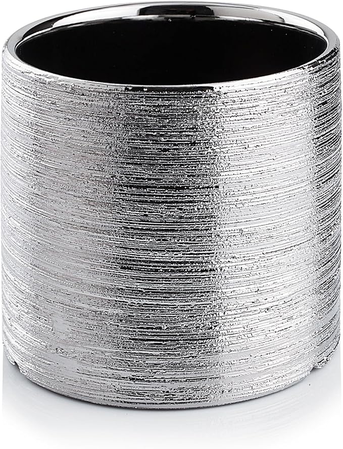 WGVI Silver Etched Ceramic Cylinder Vase Width 6.5" Height 6", Flower Arrangements, Candle Holder, Terrarium Planter Pot, Storage Container Organizer, Pen Brush Holder, Scratched Texture Design, 1 Pc