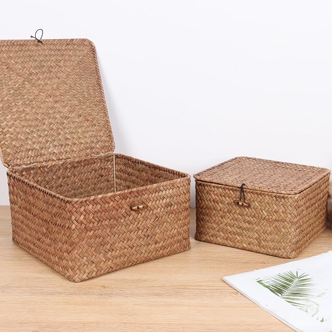 Moosky Wicker Shelf Baskets with Lid, Handwoven Seagrass Storage Basket Bins Square Gift Boxes for Shelves Home Decor Organizer (Coffee, Set of 4)