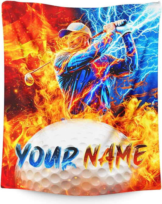 Personalized Blanket for Boys Men Sport Theme Throw Blankets for Kids Golf Lovers, 40x50 Inches Lightweight Comfy Cool Golf Throw with Custom Name for Couch Sofa Bed Office