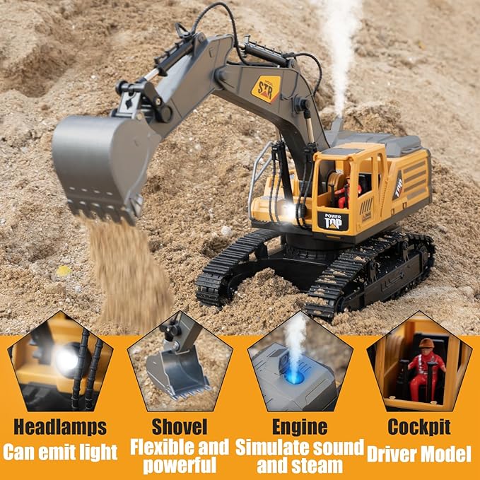 Remote Control Excavator Toys for Boys,14 Channel 1:14 RC Digger Construction Toys Tractor,Simulated Smoke, Sound, Lighting, Metal Digging Head, for Boys 6 7 8 9 10 11 12