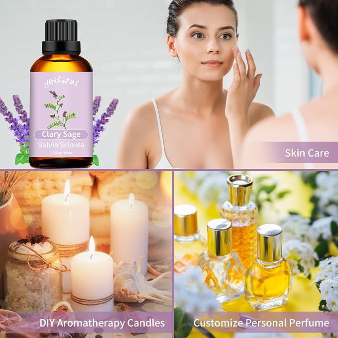yethious Clary Sage Essential Oil for Diffuser & Aromatherapy, Skin, Candle Soap Making Fragrance DIY - Clary Sage Oil Organic 3.38 Fl Oz