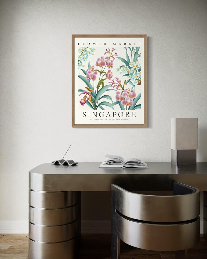 Singapore Flower Market Art Print Poster, Wall Art Floral Painting Botanical Decor for Bedroom, Kitchen, Bathroom Livingroom Decoration 82B (Singapore, 14"L x 11"W, Wood Frame)