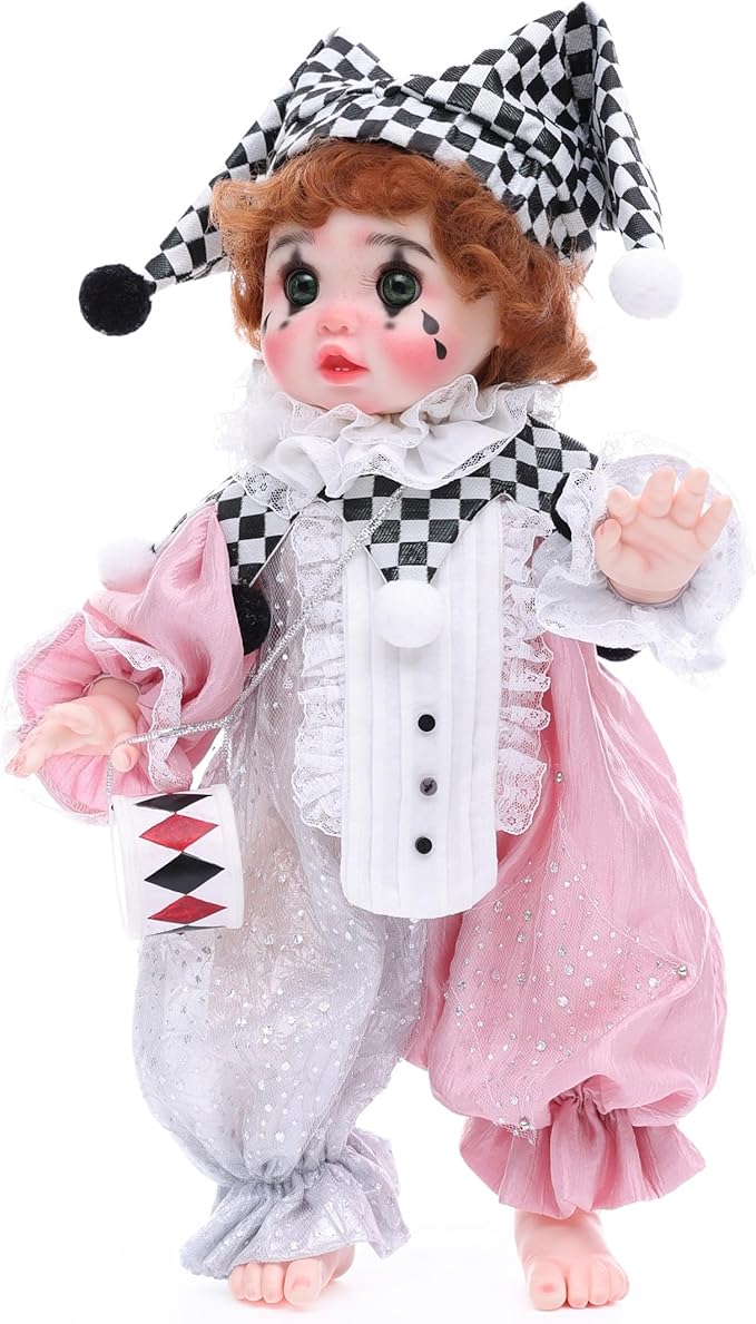 Harlequin Clown Reborn Toddler Girl Dolls – 18 Inch Baby Doll with Curly Hair, Checkered Hat, Pink & Silver Costume, and Mini Drum, Baby Dolls for 5 Year Old Girls, Parents, Collectors