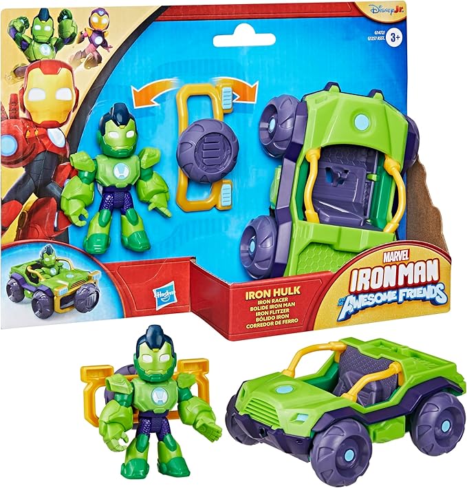IRON MAN AND HIS AWESOME FRIENDS Marvel Iron Hulk Iron Racer Action Figure & Toy Vehicle, 3-Inch Super Hero Toys for Kids, Ages 3+