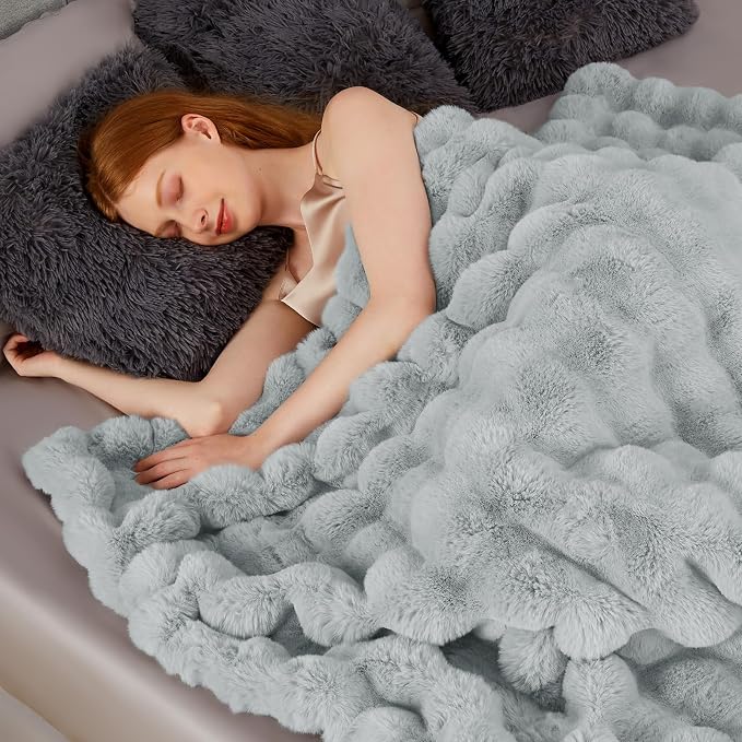 Luxury 1000GSM Faux Rabbit Fur Throw Blanket, Super Heavy Warm Cozy Grey Blankets for Couch Bed Sofa, Ruched Plush Fuzzy Elegant Soft Reversible Mink Blanket for Living Room Bedroom