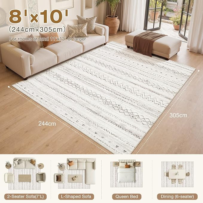 cotiled 8x10 Area Rugs Living Room Rug: Washable Boho Rugs with Non Slip Backing Large Soft Indoor Stain Resistant Carpet for Bedroom Farmhouse Dining Room Lightweight Home Decor Brown