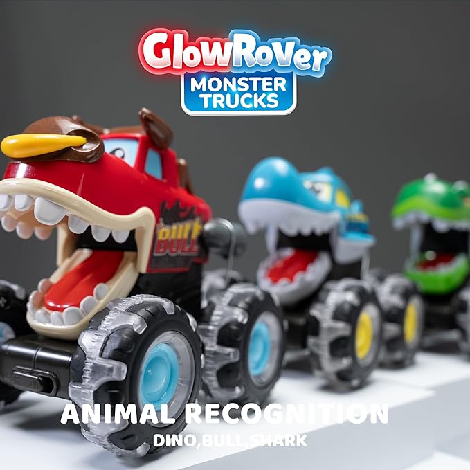 JOYIN 3 Pack Monster Truck Toy - Motion Activated Light Up Cars for Toddlers - Monster Glow Rover LED Wheels - Baby Boy Toys - Press and Go Dinosaur Trucks for Kids Valentines Day Boy Birthday Gifts