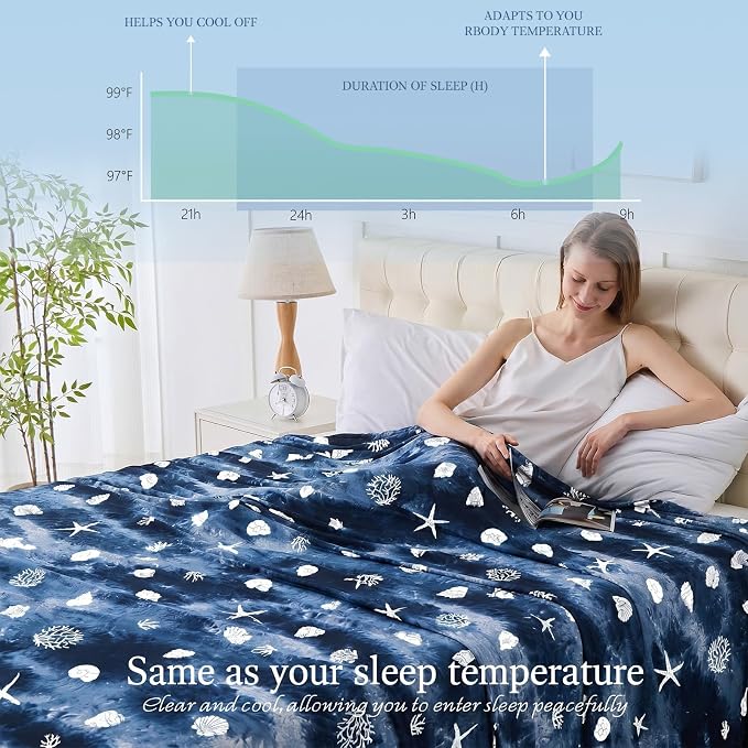 Cooling Blanket Throw Size (50"x70"), Double Sided Ice Cold Blanket for Hot Sleepers, Transfer Heat to Keep Cool, Soft Lightweight for Night Sweats, Bed & Couch, Ocean Design