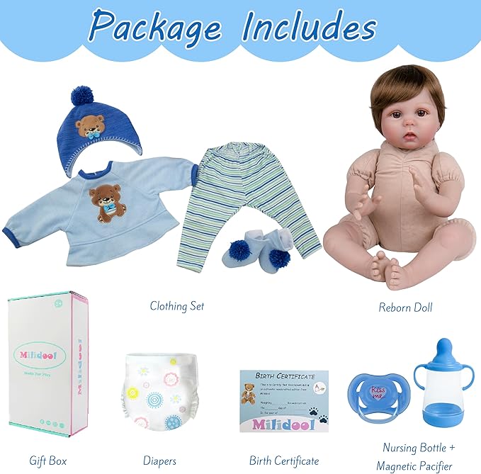 Milidool 22-Inch Reborn Baby Boy Doll with Accessories - Realistic Newborn Silicone Boy Doll for Age 3+, Birthday Gift