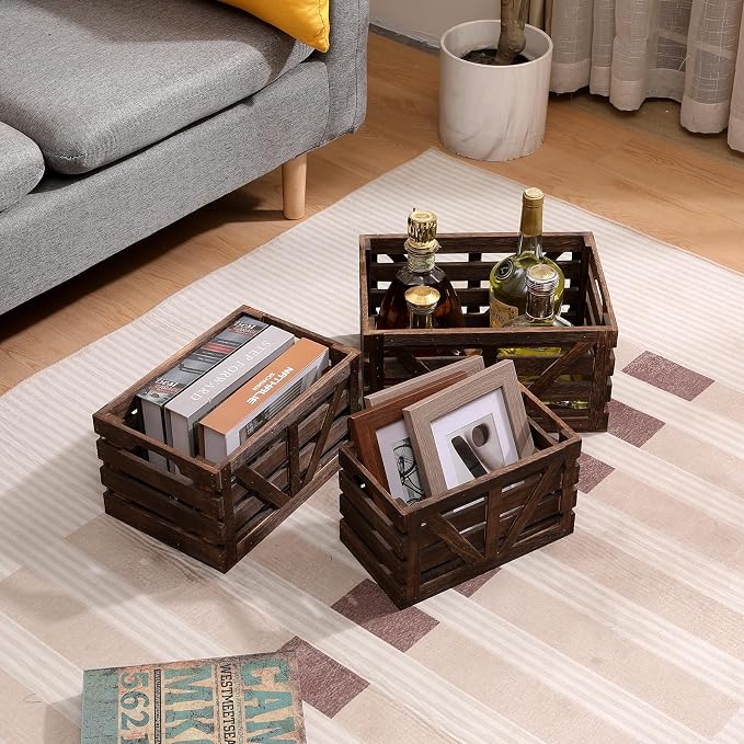 Nested Wooden Storage Crates Set of 3 (L,M,S),Rustic Wood Crate for Storage | Farmhouse Handmade Decorative Boxes with Handles for Home Organization & Display