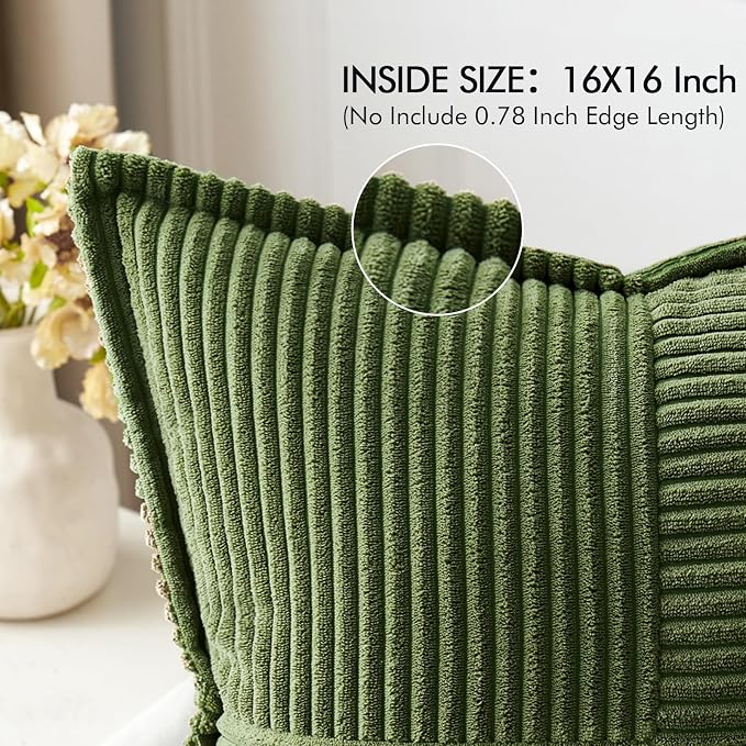 MIULEE Decorative Throw Pillow Covers for Couch 16x16 Inch Moss Green | 2 Pack, Boho Broadside Striped Patchwork Pillow Covers, Soft Corduroy Cushion Cases, For Sofa Bed Livingroom Home Decor