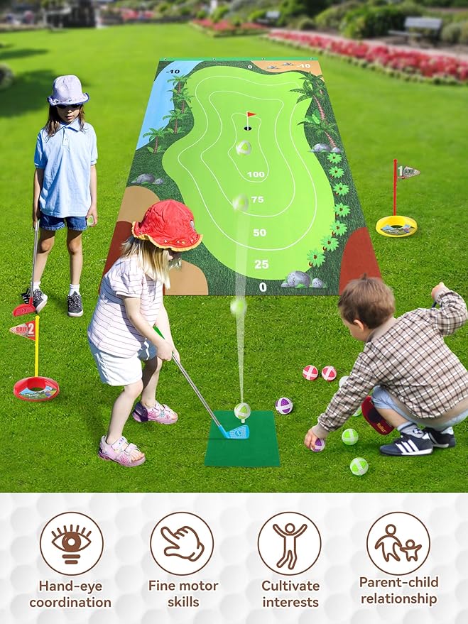 Liberry Kids Golf Set for 3 4 5 6 7 Years Old Boys Girls, Golf Chipping Game with Mat, Sticky Balls, Retractable Clubs, Storage Bag, Indoor Outdoor Sports Toy Gift Toss Game
