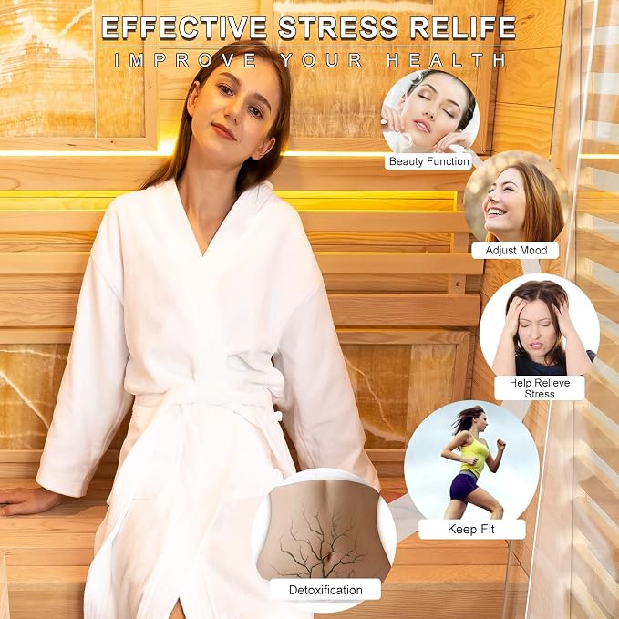 Smartmak Wood Home Steam Sauna, WiFi Control 1 Person Canadian Hemlock Traditional Luxurious Wooden Indoor Spa Room, with 3.5 kw Heater, Speaker, Rocks, Water Bucket, Spoon, Sky Lights