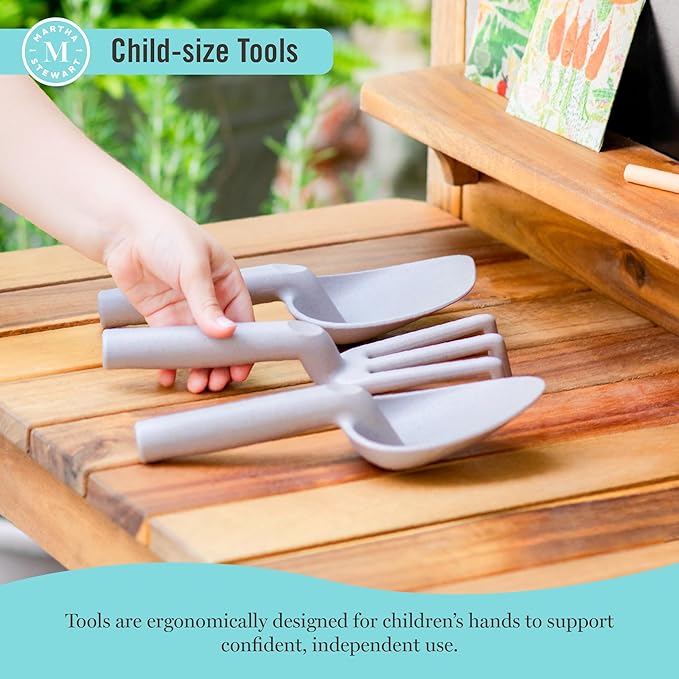 Martha Stewart Kids Outdoor Potting Bench: Acacia Wood Kids Gardening Set with Pots, Garden Tools, Soil Bin and Open Shelves | Wide Extendable Workspace | Wooden Backyard Playset for Outdoor Activity