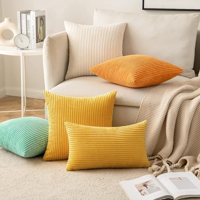 MIULEE Soft Corduroy Throw Pillow Covers Set of 2 12x12 Mustard Yellow | Decorative Striped Textured Cushion Cases, Boho Rustic Square Pillowcases, Home Decor for Couch Chair Sofa Bed Living Room