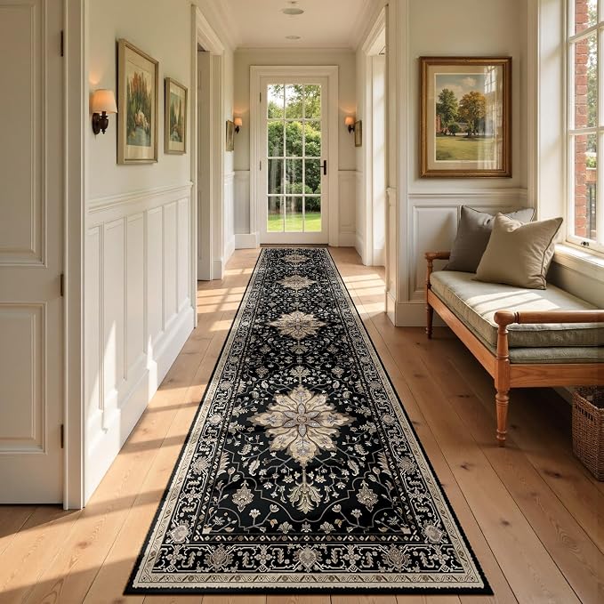 RELEANY Area Rugs Runner 2'6"x14' Washable Non-Slip, Floral Vintage Distress Medallion Carpet for Kitchen Hallway Bedroom Beside Laundry Room Bathroom, Black Brown Neutral Dark Tan