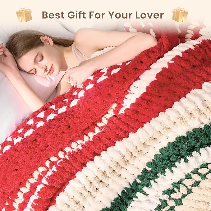 L'AGRATY Chunky Knit Throw Blanket for Couch, 60 x 80 Inches, Red Green | Handmade Chenille Crochet Blanket for Sofa Bed, Thick Cable Knitted Blankets for Room Home Decor, Birthday Gift for Women Mom