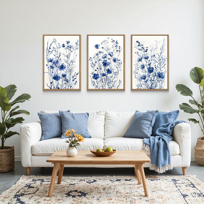 FWIEXA Blue White Wildflower Canvas Wall Art Set of 3, Framed Navy Chinoiserie Watercolor Botanical Pictures Wall Decor, Minimalist Floral Paintings Artwork, 16x24In Florals Prints for Living Room, Bedroom, Bathroom