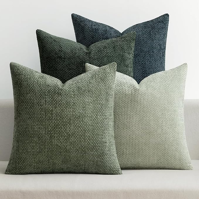 MIULEE Soft Decorative Chenille Pillow Covers Green Navy 18x18 Pack of 4 | Nordic Home Decor, Moody Green–Navy Set, Couch Throw Pillows, Farmhouse Boho Cushion Covers for Sofa Bed Living Room
