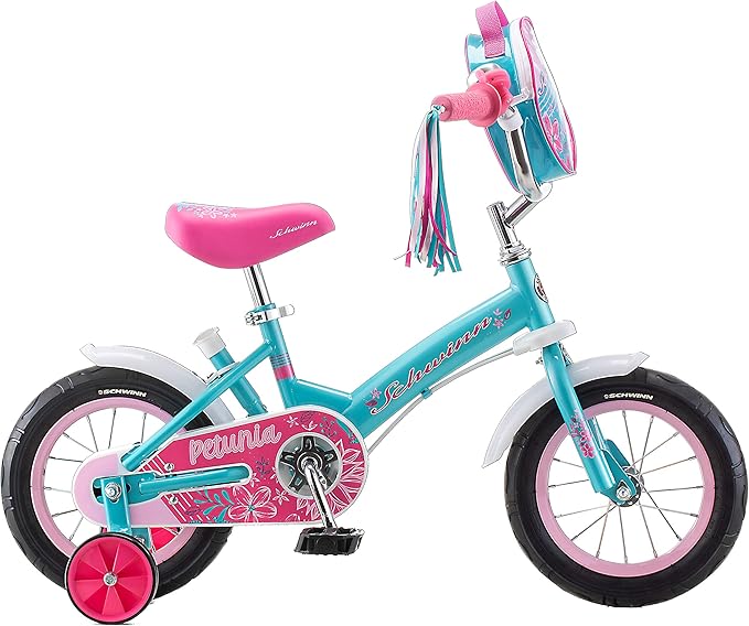 Schwinn Petunia and Grit Bike, 12 Inch Bike for Kids Ages 2-4, Orange, Teal, Pink or Blue, Steerable Beginner Bicycle with Training Wheels, Parent Push Handle, Rear Coaster Brake, Adjustable Seat