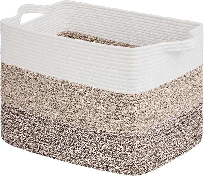 Goodpick 50L Large Woven Storage Basket, 18" x 14" x 12", Gradient Brown | Decorative Gift Basket for Nursery & Bedroom Organization, Cotton Rope Baskets for Blankets & Toys Storage, Built-In Handles