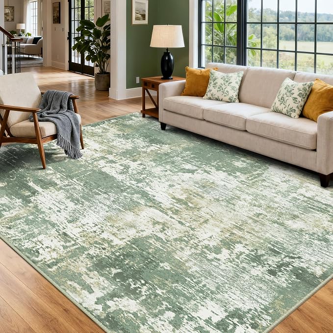 RELEANY Washable 10'x14' Abstract Area Rug for Living Room Light Green | carpet for bedroom, kitchen, office, hallway and entryway, printed pattern, non-slip, soft, stain-resistant, easy to clean