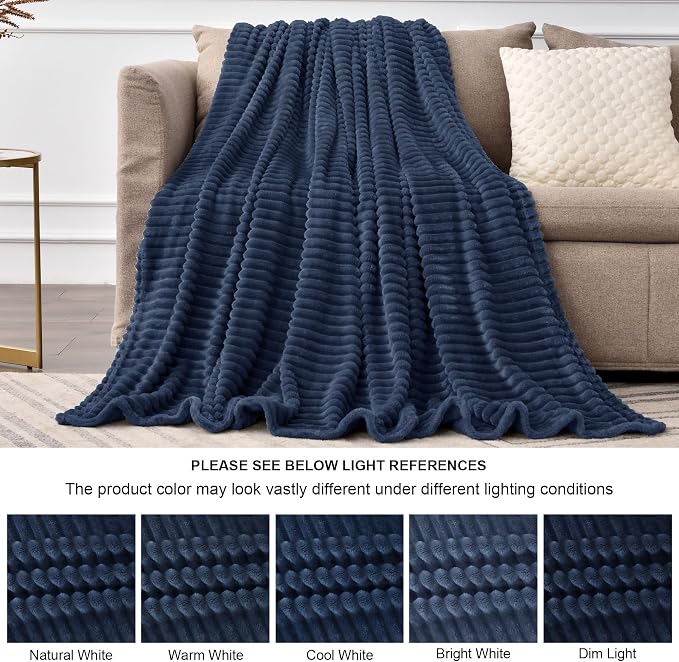 BEDELITE 3D Ribbed Jacquard Navy Blue Full Size Blankes for Bed, 84x90 Inch | Soft Warm Decorative Fluffy Blanket, Cozy Fuzzy Lightweight Plush Fleece Throw Blankets for Bed, Room Decor, Gift for Women