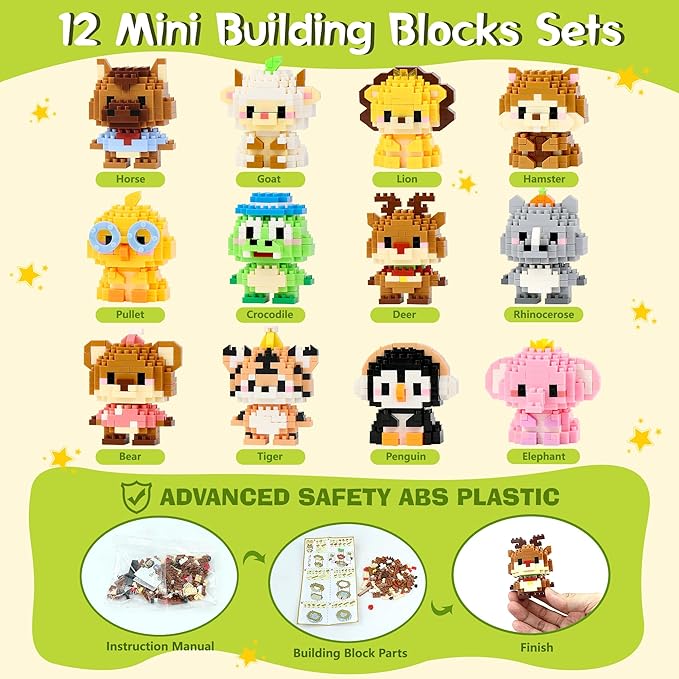 12 Pack Mini Building Blocks, Building Toys Set or Kids, Toy Building Sets, Mini Building Block Sets for Boys or Girls 6+ (Animals)