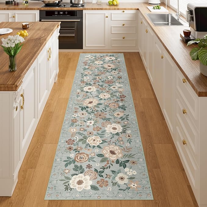DUKINO 2x8 Runner Rug, Washable Runner Rug for Kitchen Non Slip, Sage Green | Floral, Low Pile, Soft Indoor Rug for Hallway, Entryway, Bedroom, Bathroom, Pet Friendly, Stain Resistant, Modern Home Decor