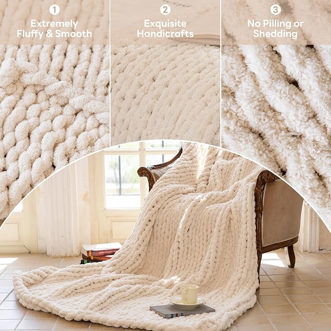 Chunky Knit Blanket - Luxury Soft Cozy 50 * 60 Throw Blanket,100% Woven Blanket Rope Knot Throw Blanket for Couch, Sofa, Home Decor, Gift - Machine Washable (Cream, 50 * 60)