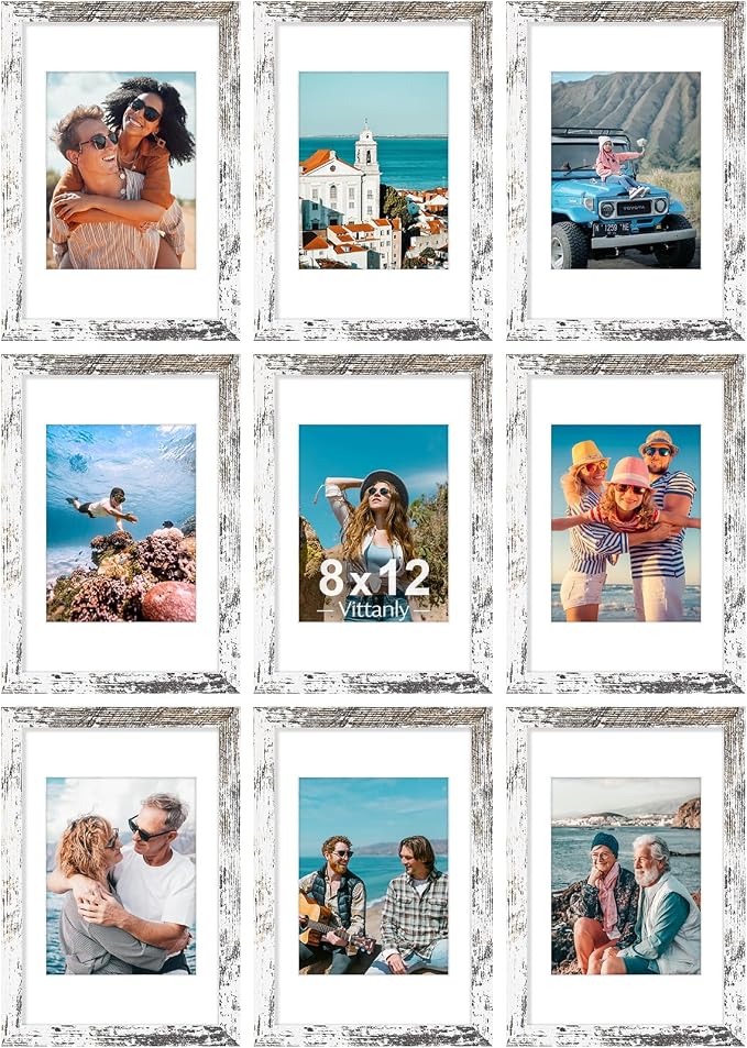 Vittanly 8x12 Picture Frames Set of 9, Wall & Tabletop, Distressed White | Display Pictures 6x8 with Mat or 8x12 without Mat, Engineered Wood with Shatter Resistant Plexiglass, Gallery Photo Frames
