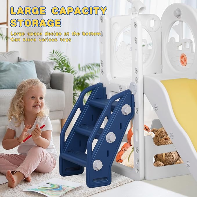 6 in 1 Toddler Playset Toddler Slide and Climber Playset, L-Shaped Kids Slide with Basketball Hoop, Telescope & Storage, Sturdy Indoor Outdoor Playground, for Boys Girls 1-3+