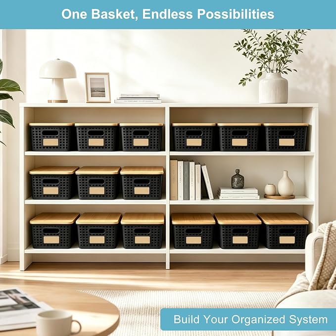 Small Plastic Storage Bins with Bamboo Lids 5.2qt Stackable Box Basket Pantry Decorative Containers Cute with Lable for Organizing Desktop Closet Office Black of 6 packs 10 * 7.2 * 4.1"