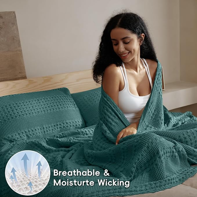PHF 100% Cotton Waffle Weave Blanket Queen Size, Lightweight Breathable Summer Blanket for Hot Sleepers, Pre-Washed Soft Layer for Bed, Couch, Aesthetic Home Decor & Gift, 90"x90", Teal