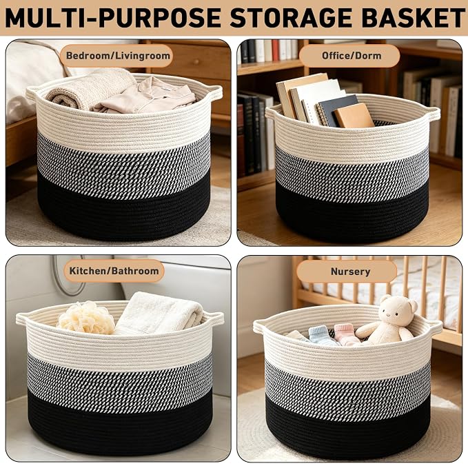 65L Large Blanket Basket,Woven Rope Laundry Basket-Mixed Black | Collapsible Nursery Storage Bin with Sturdy Handles, Organizes Clothes, Toys and Pillows for Living Room, Bedroom, Bathroom