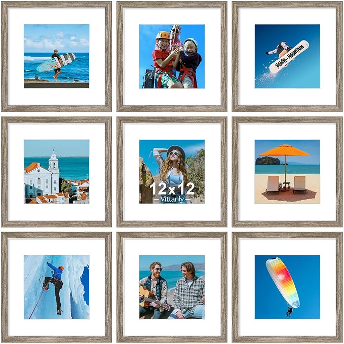 Vittanly 12x12 Picture Frames Set of 9 for Wall Mounting, Grayish Brown | Display Pictures 8x8 with Mat or 12x12 without Mat for Wall Mounting, Square Photo Frames for Home Decor, Engineered Wood