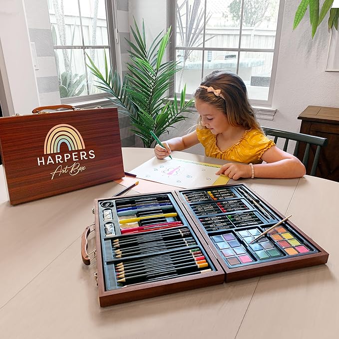 Let's Make Memories Personalized 80-Piece Deluxe Art Set - for Kids - Wood Carrying Case - Oil Crayons, Colored Pencils, Watercolors - Arts & Crafts - Palette Design - Add Name - Colorful Rainbows